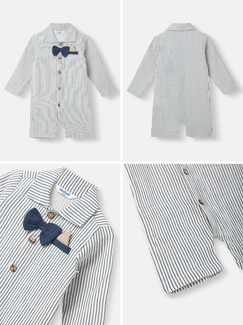 Nautinati Boys’ Striped Romper | Bow at Placket |Collar Neck Romper for 0-2 Years