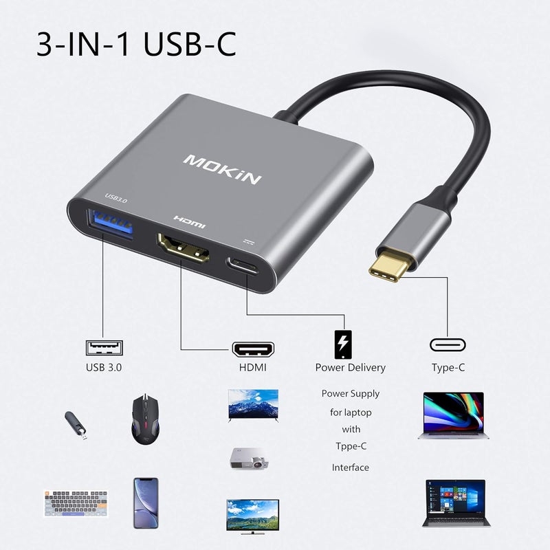 Mokin USB C to HDMI Multiport Adapter, Type-C Hub Thunderbolt 3 to HDMI 4K Output USB 3.0 Port and USB-C Charging Port, USB Digital AV Multiport Adapter for MacBook, MacBook Pro/air, Galaxy S8/S9 - Image 2