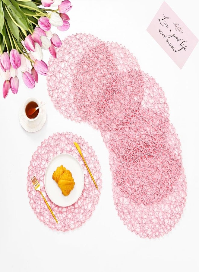 IcosaMro Round Woven Placemats Set of 6 for Dining Table, 13 Inch Paper Boho Placemat Decorative Place Mat for Wedding Christmas Thanksgiving Day Holiday Dinner (Pink) - Image 1