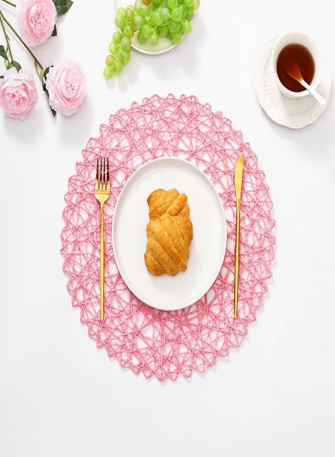 IcosaMro Round Woven Placemats Set of 6 for Dining Table, 13 Inch Paper Boho Placemat Decorative Place Mat for Wedding Christmas Thanksgiving Day Holiday Dinner (Pink) - Image 2