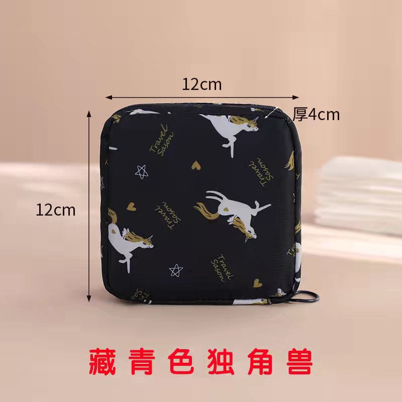 Cartoon Sanitary Pad Storage Bag Large Capacity Navy Blue Unicorn 