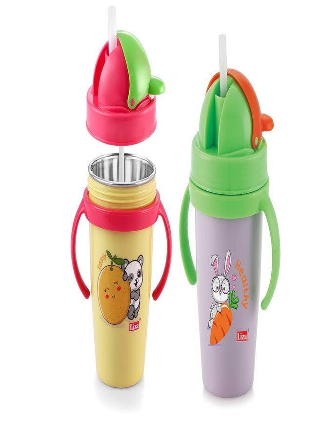 Nabhya Inner Stainless Steel & Outer Plastic 360ml BPA-Free Cute Animal Design Baby Sipper Kids Water Bottle with Straw and Side Handle for Kids (Yellow & Purple - 2pc) - Image 1