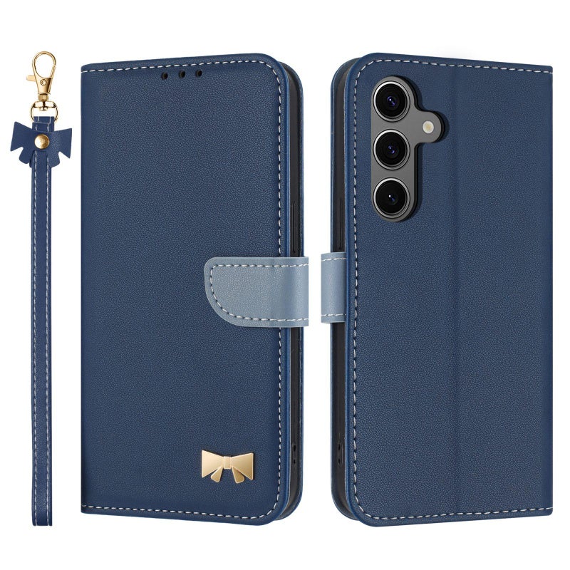 erorex For Samsung Galaxy S25 FE 5G Metal Bow Leather Phone Case with Hand Strap(Dark Blue) - Image 1