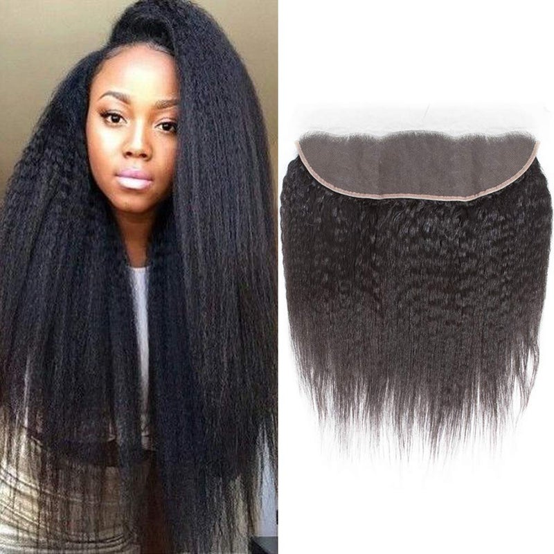 Datanala Brazilian Virgin Kinky Straight Human Hair 16 Inch 13x4 Lace Frontal Yaki Straight Ear to Ear Lace Frontal With Baby Hair Free Part Natural Black SewIn Hair Extension