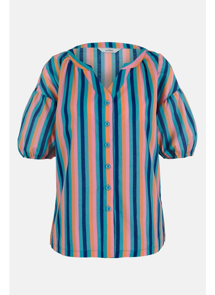 Tchibo Women Split Neck Puffed Sleeve Stripe Top, Green and Pink Combo  - Image 3