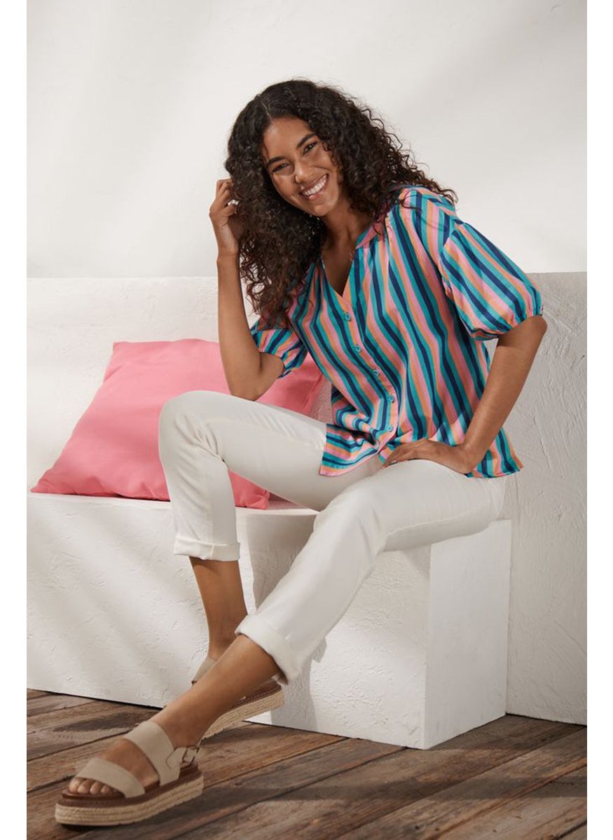 Tchibo Women Split Neck Puffed Sleeve Stripe Top, Green and Pink Combo  - Image 1
