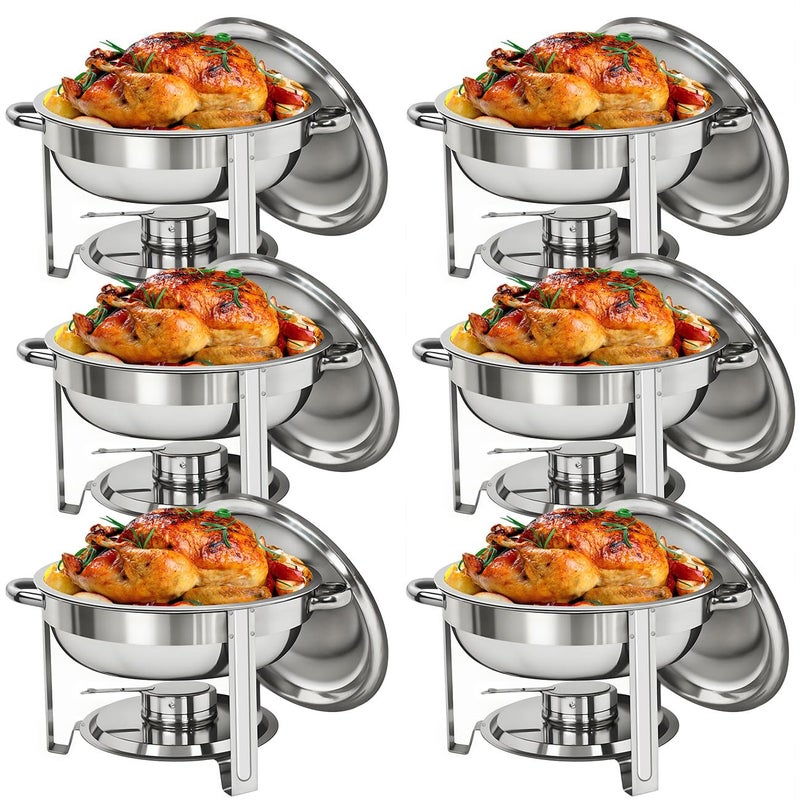 ZENY ZENY Pack of 6 Round Chafing Dish Full Size 5 Quart Stainless Steel Deep Pans Chafer Dish Set Buffet Catering Party Events Warmer Serving Set Utensils wFuel Holder 