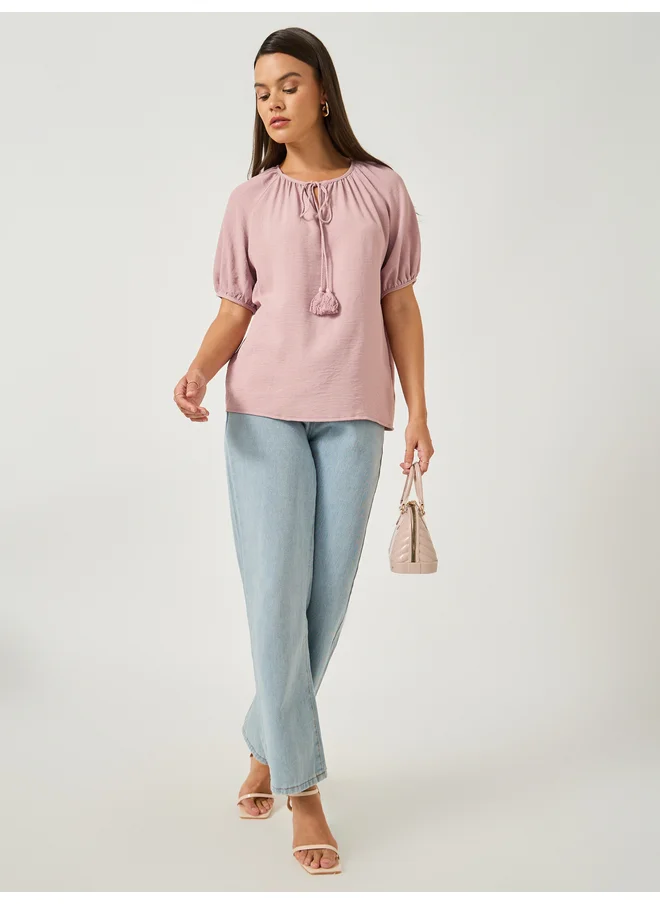 ستايلي Styli Puff Sleeve Tie-Up Neck Blouse