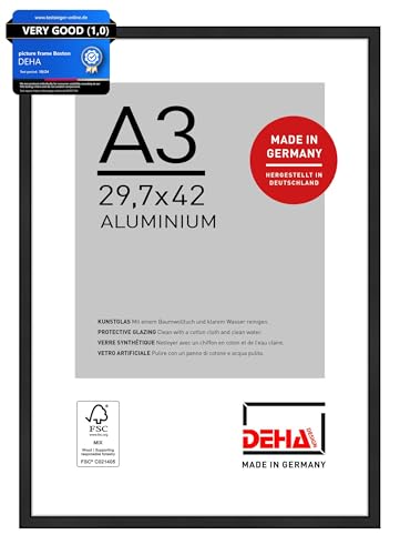 DEHA Design Boston Aluminium Picture Frame Matt Black A3 297x42cm with Push and Turn Clips