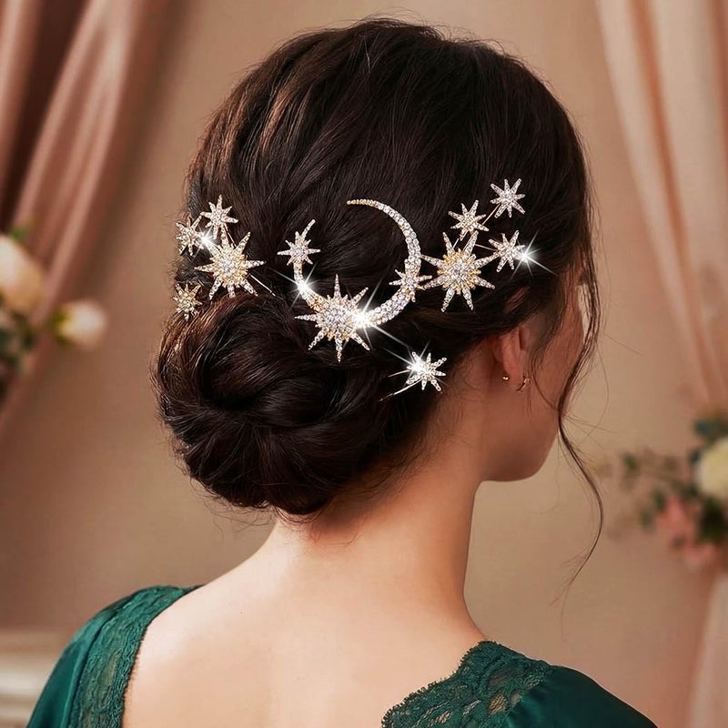Unicra Star Moon Bride Wedding Hair Pins Crystal Bridal Hair Pieces Rhinestone Goddess Hair Accessories for Women and Girls (Pack of 5) (Gold) - Image 5