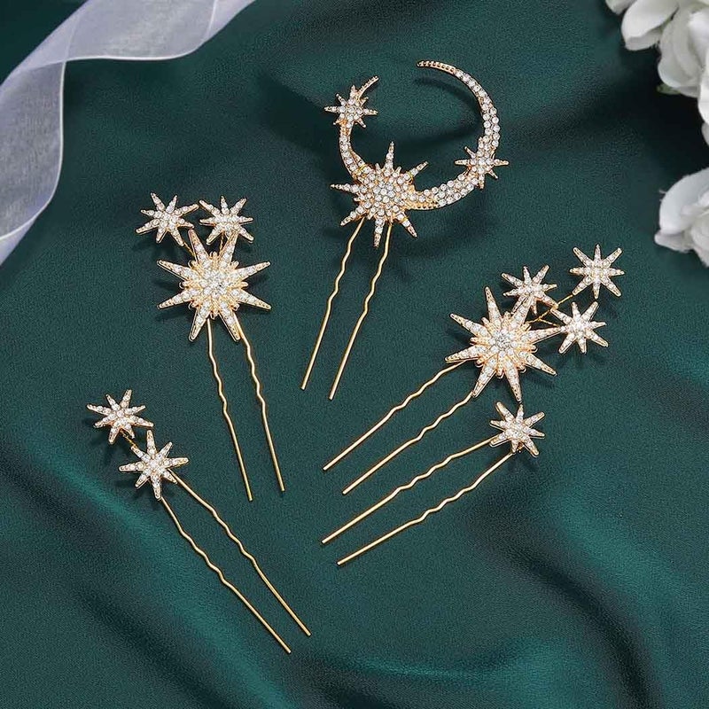 Unicra Star Moon Bride Wedding Hair Pins Crystal Bridal Hair Pieces Rhinestone Goddess Hair Accessories for Women and Girls (Pack of 5) (Gold) - Image 4