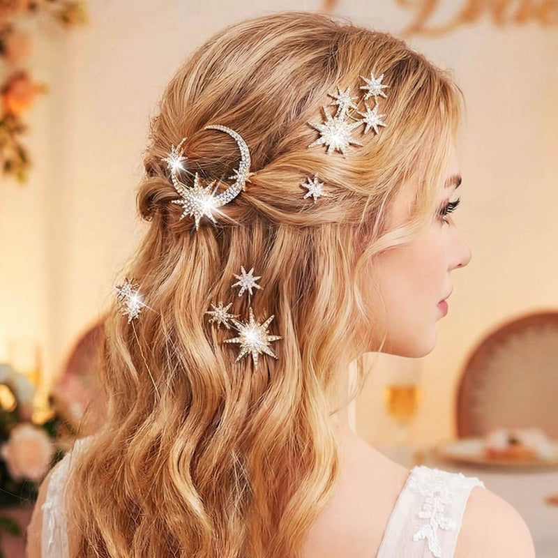 Unicra Star Moon Bride Wedding Hair Pins Crystal Bridal Hair Pieces Rhinestone Goddess Hair Accessories for Women and Girls (Pack of 5) (Gold) - Image 3