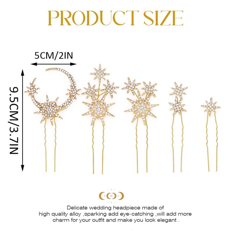 Unicra Star Moon Bride Wedding Hair Pins Crystal Bridal Hair Pieces Rhinestone Goddess Hair Accessories for Women and Girls (Pack of 5) (Gold) - Image 2