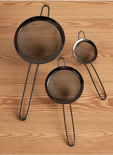 High quality stainless steel small strainers set consisting of 3 pieces black