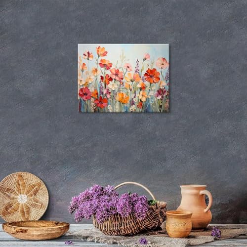 AIYISU Wildflower Wall Art for Living Room Orange Red Floral Wall Decor Farmhouse Poppy Flower Landscape Pictures Colorful Flowers Botanical Scenery Canvas Prints Artwork Bathroom Bedroom Decorations 12x16" - Image 4