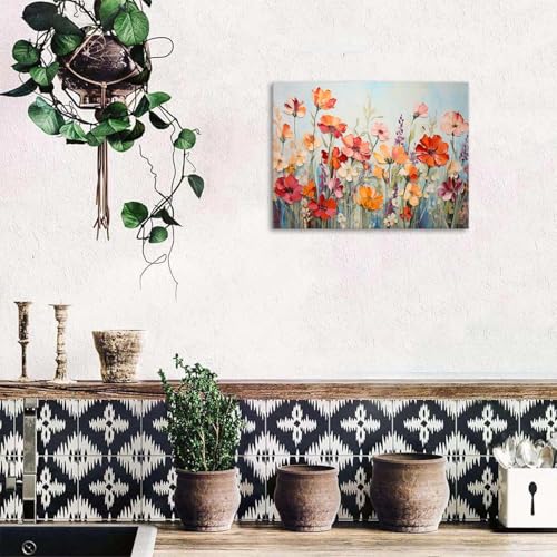 AIYISU Wildflower Wall Art for Living Room Orange Red Floral Wall Decor Farmhouse Poppy Flower Landscape Pictures Colorful Flowers Botanical Scenery Canvas Prints Artwork Bathroom Bedroom Decorations 12x16" - Image 3