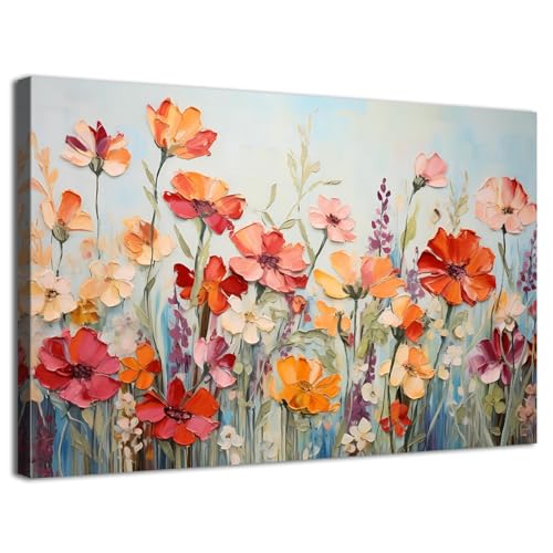 AIYISU Wildflower Wall Art for Living Room Orange Red Floral Wall Decor Farmhouse Poppy Flower Landscape Pictures Colorful Flowers Botanical Scenery Canvas Prints Artwork Bathroom Bedroom Decorations 12x16" - Image 1