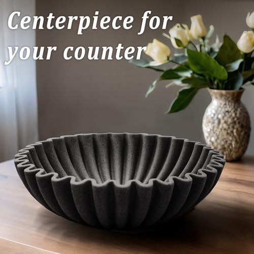 LIN CHUAN Ruffle Decorative Bowl, Large Fruit Bowl for Kitchen Counter, Stylish Key Bowl for Entry Table, Handcrafted Home Decor Display bowl, Artificial Stone Black - Image 3
