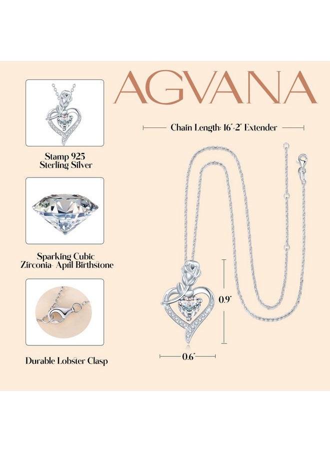 Agvana April Birthstone Jewelry Cz Necklace For Women Sterling Silver Rose Flower Heart Pendant Necklace Fine Jewelry Anniversary Birthday Gifts For Women Mom Wife Lady Her  - Image 4