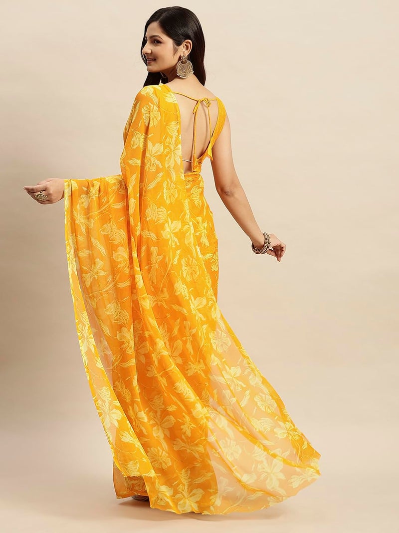 RATAN Women's Chiffon Floral Printed Saree with Unstitched Blouse Piece(DVF-BP-40506_Yellow) - Image 2