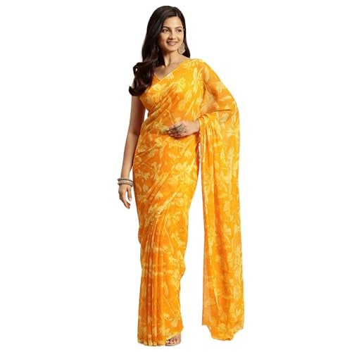 RATAN Women's Chiffon Floral Printed Saree with Unstitched Blouse Piece(DVF-BP-40506_Yellow) - Image 1