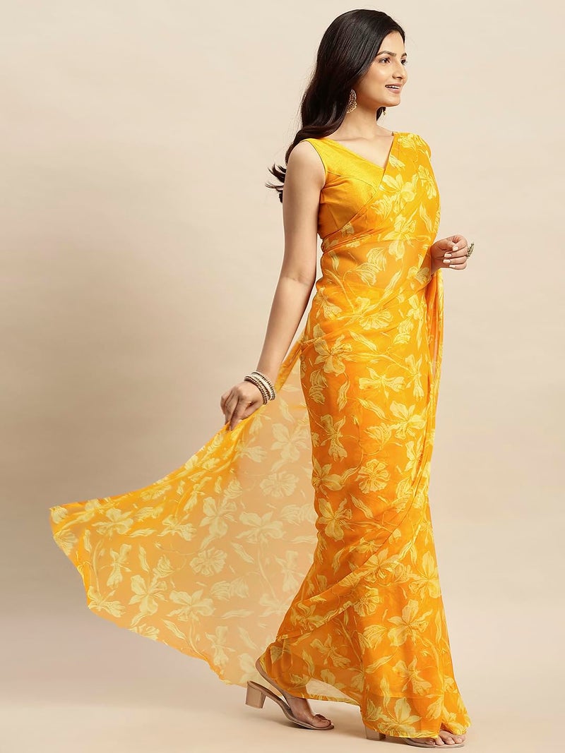 RATAN Women's Chiffon Floral Printed Saree with Unstitched Blouse Piece(DVF-BP-40506_Yellow) - Image 4