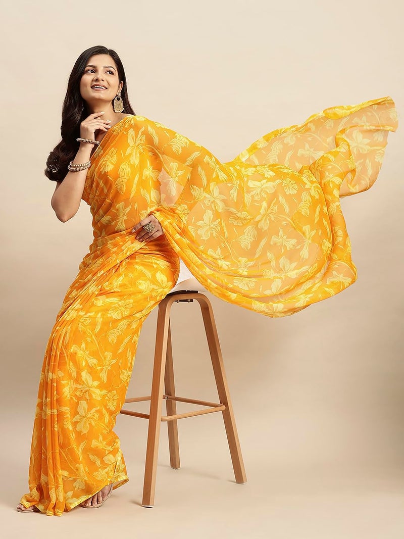 RATAN Women's Chiffon Floral Printed Saree with Unstitched Blouse Piece(DVF-BP-40506_Yellow) - Image 3