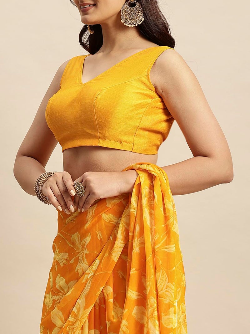 RATAN Women's Chiffon Floral Printed Saree with Unstitched Blouse Piece(DVF-BP-40506_Yellow) - Image 5