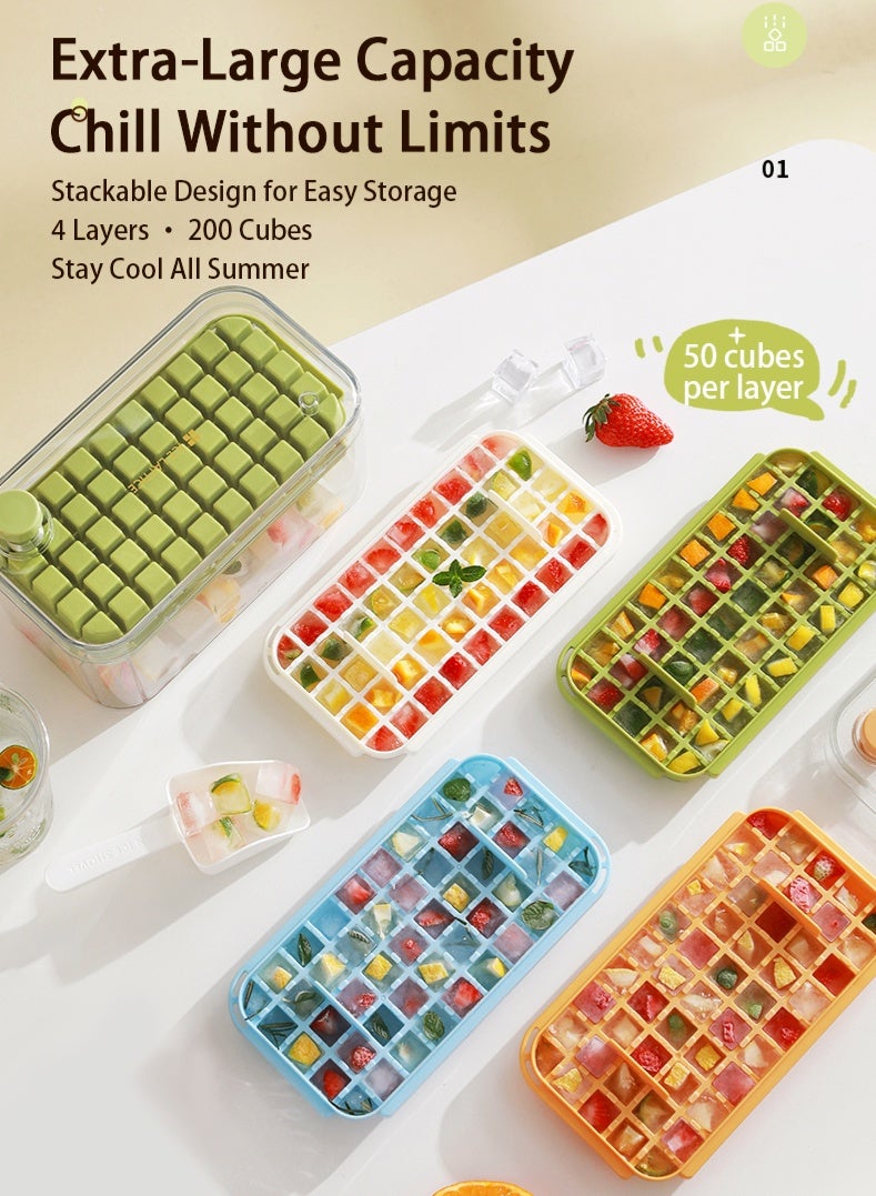 Zcheer Ice Cube Tray, Ice Mold With Lid & Storage Box, Ice Cube Maker, Large Capacity 4 Layers 200 Cubes, One Button Press to Remove Ice easily, Food Grade Safe Material, Ice Scoop Included, For Family and Party use（Green） - Image 3