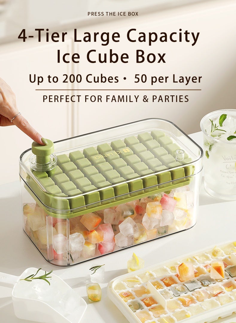 Zcheer Ice Cube Tray, Ice Mold With Lid & Storage Box, Ice Cube Maker, Large Capacity 4 Layers 200 Cubes, One Button Press to Remove Ice easily, Food Grade Safe Material, Ice Scoop Included, For Family and Party use（Green） - Image 1