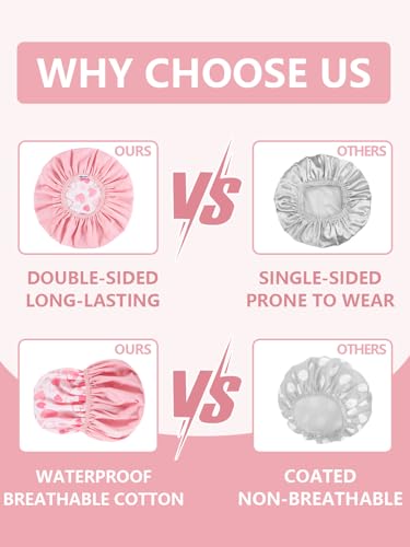 Years Calm Shower Caps For Women Reusable Waterproof，Pattern And Solid Color Dual-Layer Design For Dual-Layer Usable，Protects Hair In Shower, Spa, Cooking, Clean & Travel (Pink, One Size) - Image 4