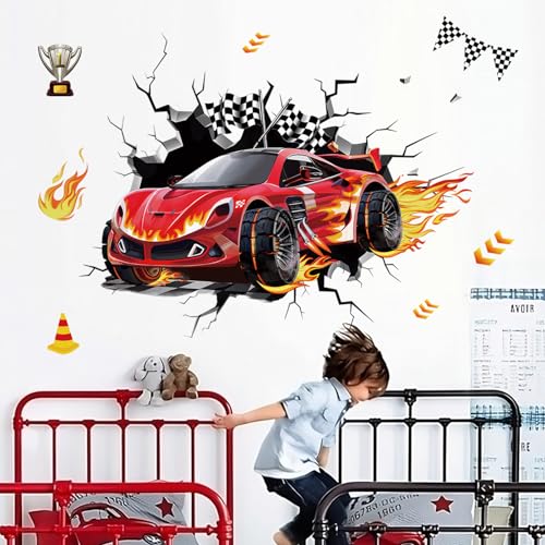 decalmile 3D Racing Cars Wall Decals Red Cars Flags Wall Stickers Baby Nursery Boys Bedroom Kids Room Wall Decor Gifts for Kids - Image 1