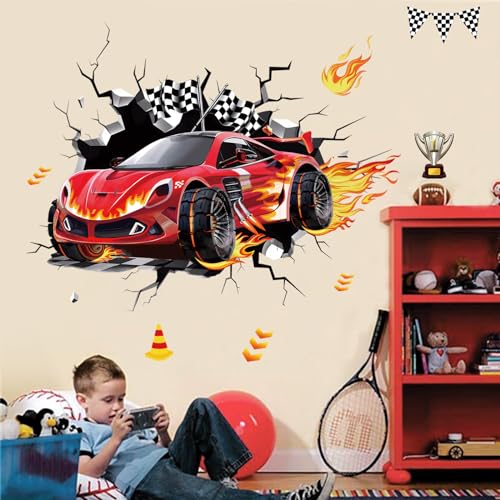 decalmile 3D Racing Cars Wall Decals Red Cars Flags Wall Stickers Baby Nursery Boys Bedroom Kids Room Wall Decor Gifts for Kids - Image 3
