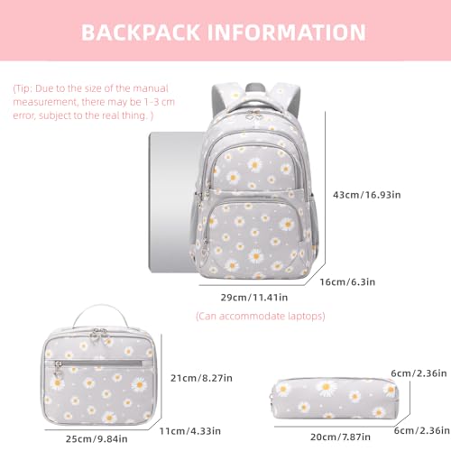 Armbq Daisy Kids Backpack for Girls, Multi Pocket School Bags with Lunch Box for Elementary, Teen Girls Bookbag Set - Image 3