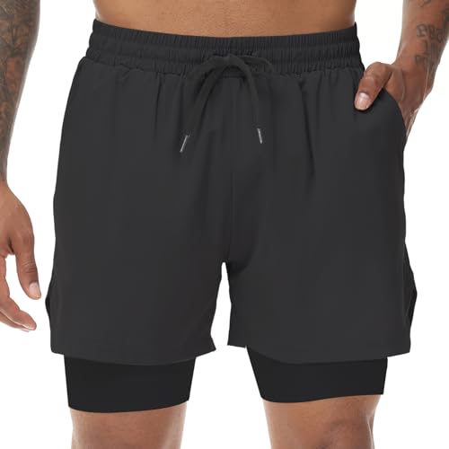 Muscle Killer Men's 2 in 1 Running Shorts Quick Dry Gym Athletic Shorts with Liner Workout Short for Men with Pockets Black - Image 2