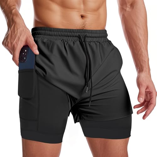 Muscle Killer Men's 2 in 1 Running Shorts Quick Dry Gym Athletic Shorts with Liner Workout Short for Men with Pockets Black - Image 1