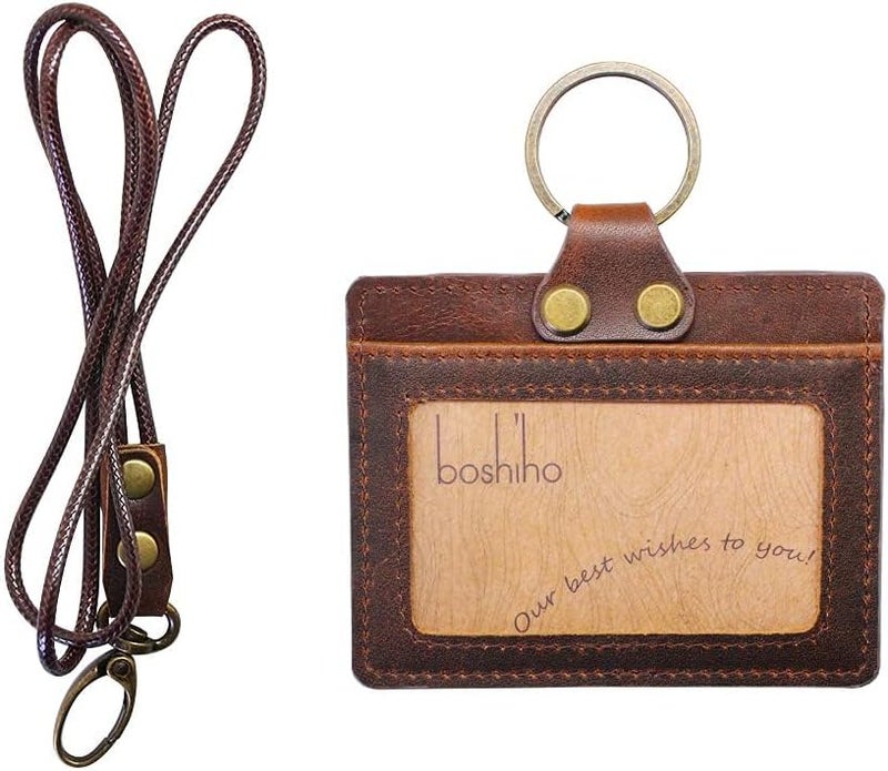 boshiho Badge Holder: Cowhide Leather ID Badge Card Holder with Neck Lanyard, Horizontal Style Credit Card Holders for Office Students Business (Dark Brown1) - Image 1