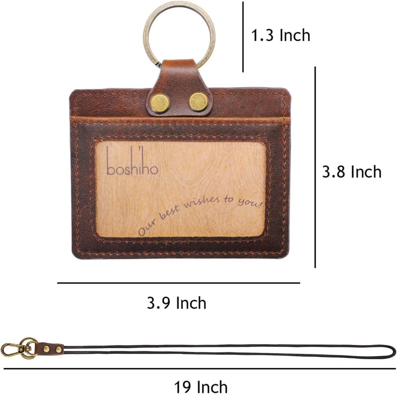 boshiho Badge Holder: Cowhide Leather ID Badge Card Holder with Neck Lanyard, Horizontal Style Credit Card Holders for Office Students Business (Dark Brown1) - Image 5