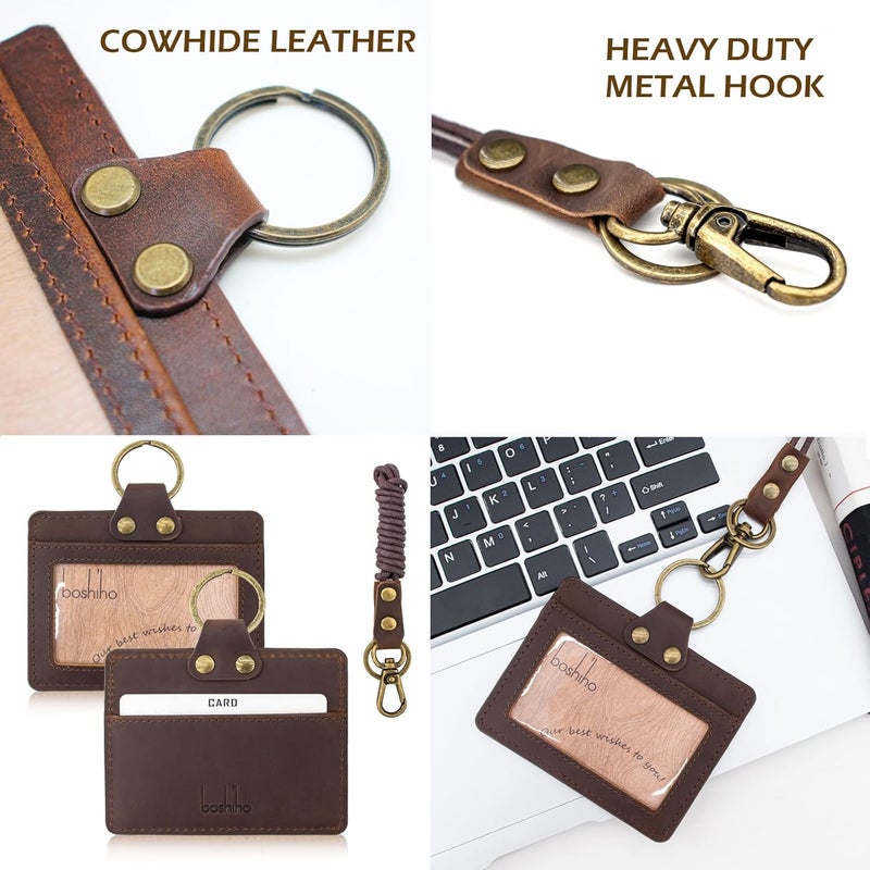 boshiho Badge Holder: Cowhide Leather ID Badge Card Holder with Neck Lanyard, Horizontal Style Credit Card Holders for Office Students Business (Dark Brown1) - Image 4