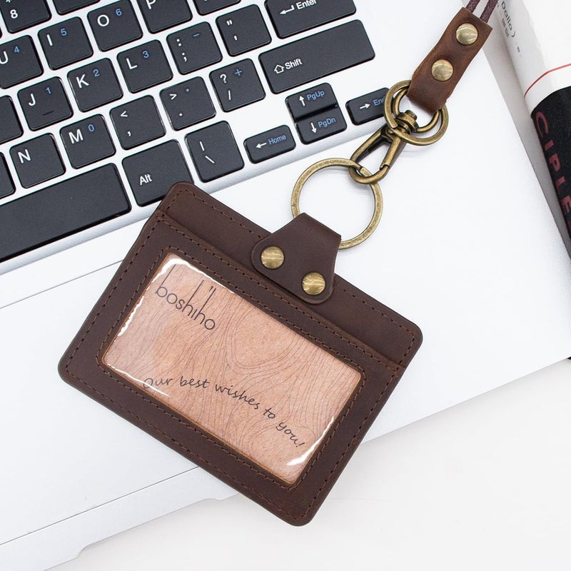 boshiho Badge Holder: Cowhide Leather ID Badge Card Holder with Neck Lanyard, Horizontal Style Credit Card Holders for Office Students Business (Dark Brown1) - Image 3