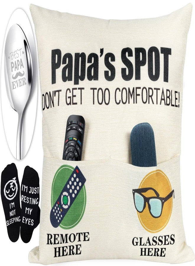 Geefuun 18"x 18" 2-Pocket Papa's Pillow Covers & Best Papa Ever Engraved Spoon & Socks, Father's Birthday Gift for Dad (No Fillers) - Image 1