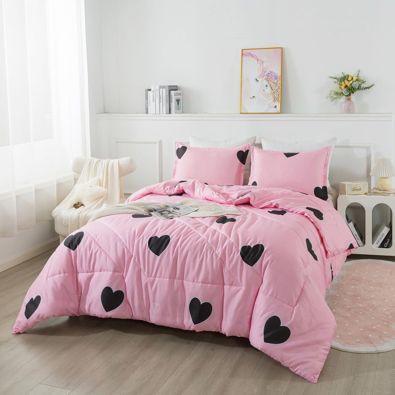 Caressma Love Pattern Girls Pink Comforter Set Queen Size, Blush Pink Cute Love Heart Sexy Comforter Bedding Set for All Seasons, Geometric Soft Microfiber 3 Pieces Comforter Set with Pillowcases - Image 3