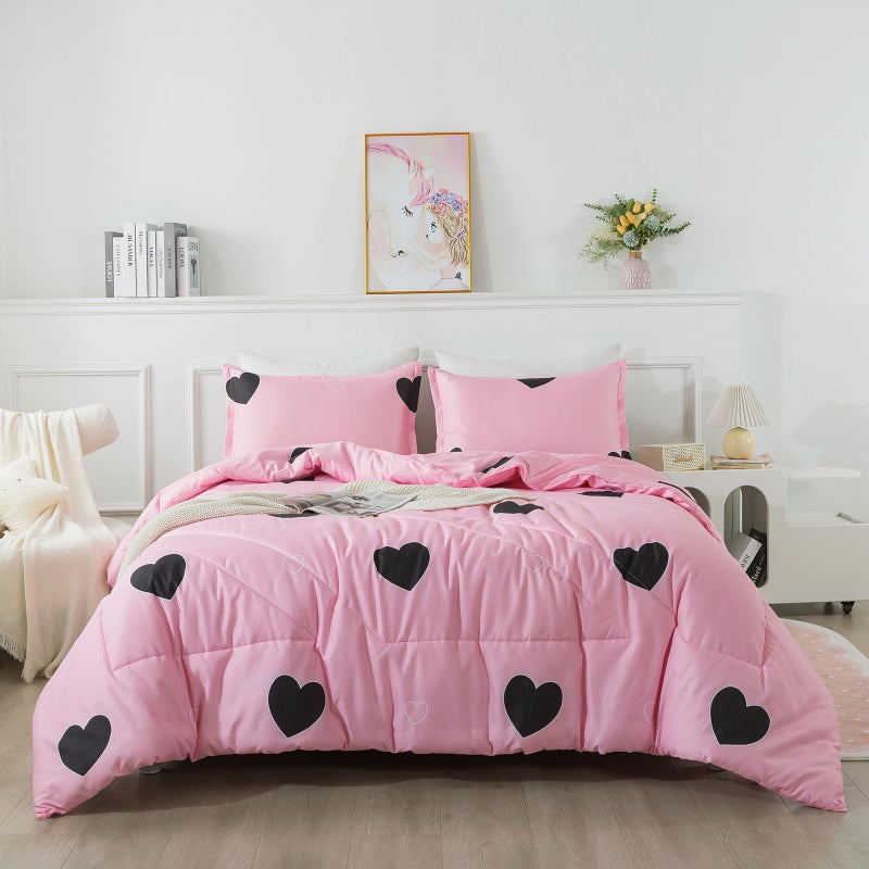 Caressma Love Pattern Girls Pink Comforter Set Queen Size, Blush Pink Cute Love Heart Sexy Comforter Bedding Set for All Seasons, Geometric Soft Microfiber 3 Pieces Comforter Set with Pillowcases - Image 2