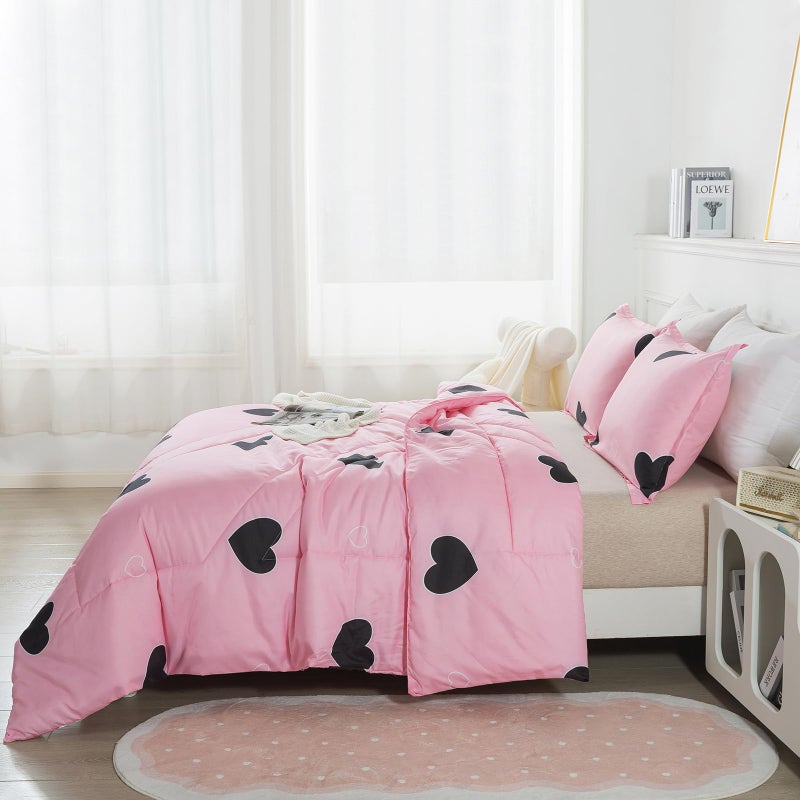 Caressma Love Pattern Girls Pink Comforter Set Queen Size, Blush Pink Cute Love Heart Sexy Comforter Bedding Set for All Seasons, Geometric Soft Microfiber 3 Pieces Comforter Set with Pillowcases - Image 4