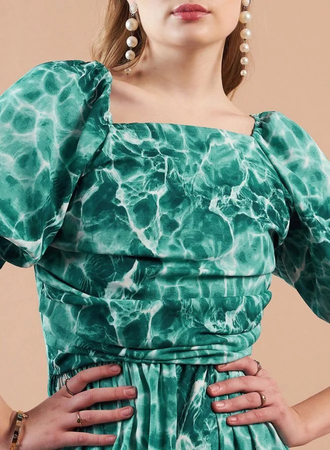 Freehand  Women Fit and Flared Marble Printed Square Neck Short Sleeve Maxi Dress for Women | Best Price UAE