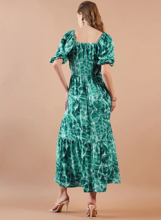 Freehand  Women Fit and Flared Marble Printed Square Neck Short Sleeve Maxi Dress for Women | Best Price UAE