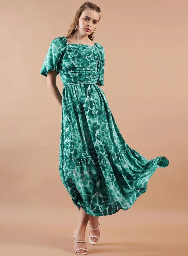 Freehand  Women Fit and Flared Marble Printed Square Neck Short Sleeve Maxi Dress for Women | Best Price UAE