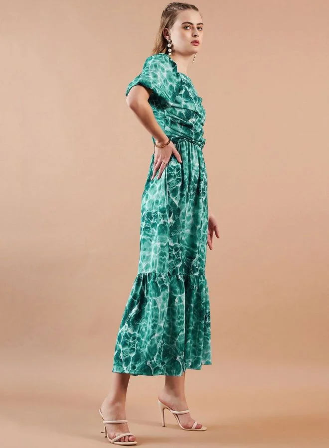 Freehand  Women Fit and Flared Marble Printed Square Neck Short Sleeve Maxi Dress for Women | Best Price UAE