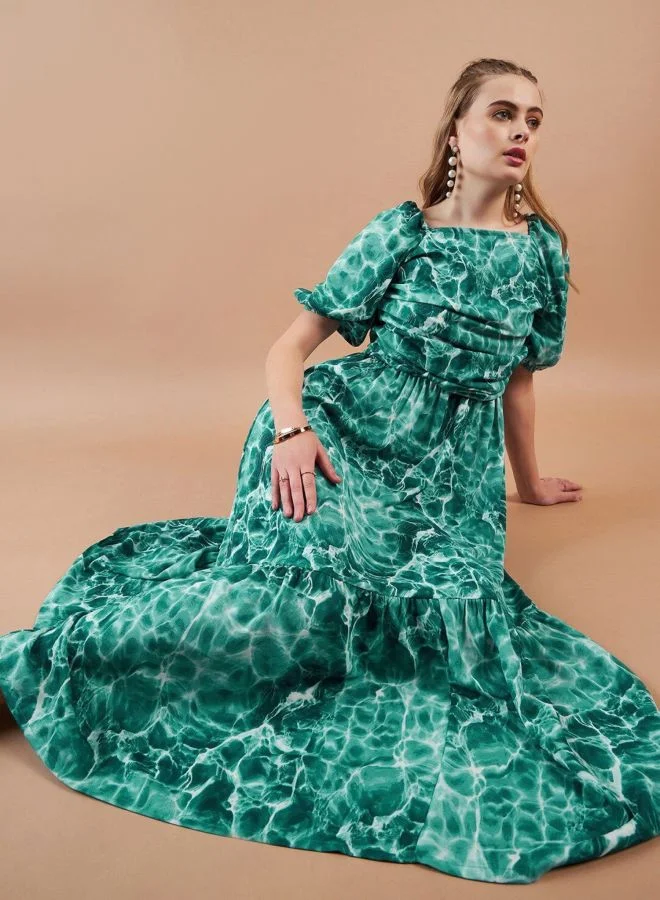 Freehand  Women Fit and Flared Marble Printed Square Neck Short Sleeve Maxi Dress for Women | Best Price UAE