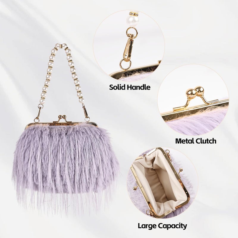 FeelfunFeather Women Clutch Purses,Fluffy Feather Evening Handbags for Wedding Party Banquet Prom Crossbody Bag with Detachable Chain(Light Purple) - Image 5